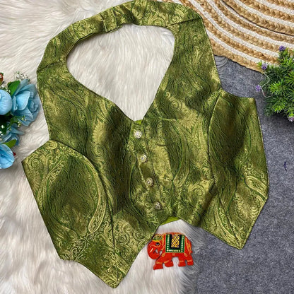 Banarasi Heavy Fabric Halter Neck Blouse with Front Open and Handmade Details RPD Fashion