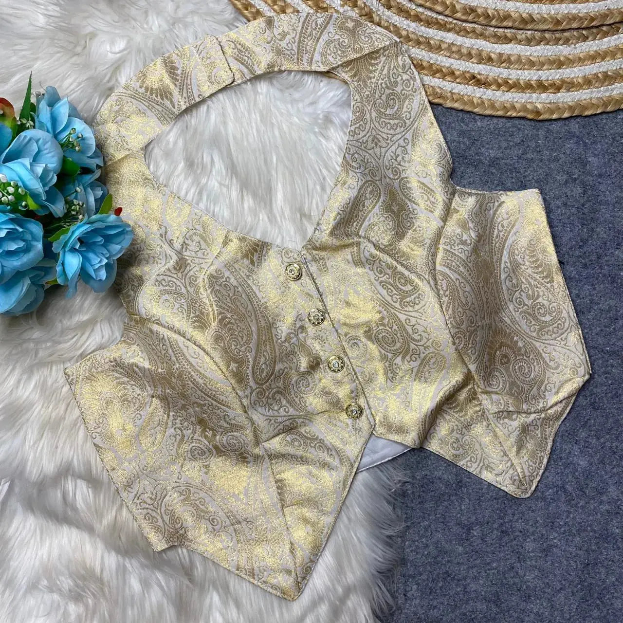banarasi heavy fabric halter neck blouse with front open and handmade details rpd fashion