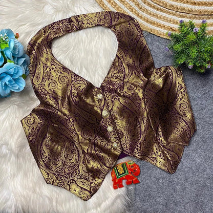 Banarasi Heavy Fabric Halter Neck Blouse with Front Open and Handmade Details RPD Fashion