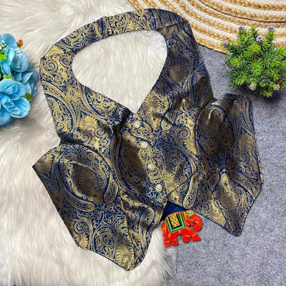 Banarasi Heavy Fabric Halter Neck Blouse with Front Open and Handmade Details RPD Fashion
