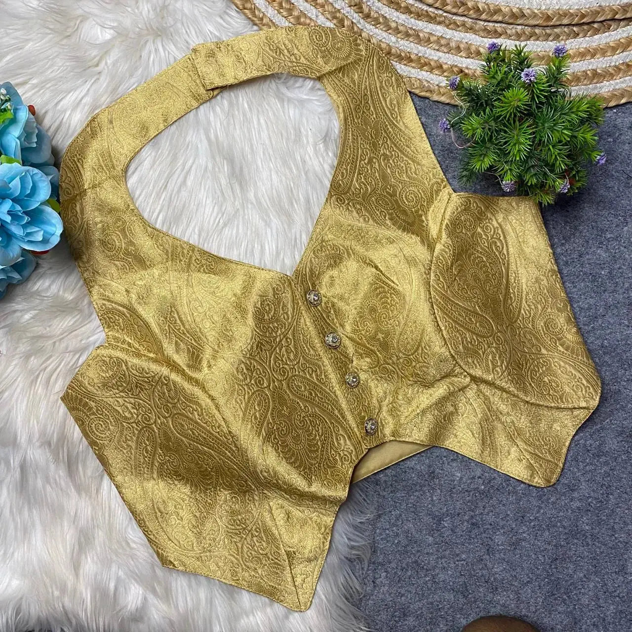Banarasi Heavy Fabric Halter Neck Blouse with Front Open and Handmade Details RPD Fashion