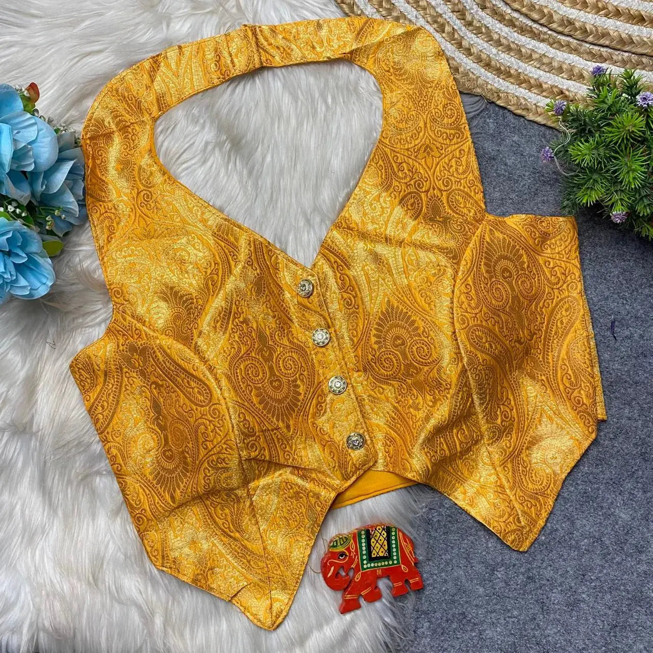 banarasi heavy fabric halter neck blouse with front open and handmade details rpd fashion