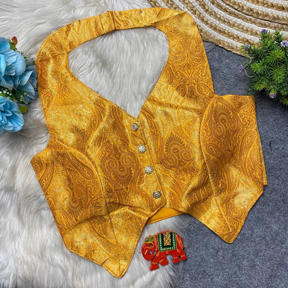 Banarasi Heavy Fabric Halter Neck Blouse with Front Open and Handmade Details RPD Fashion