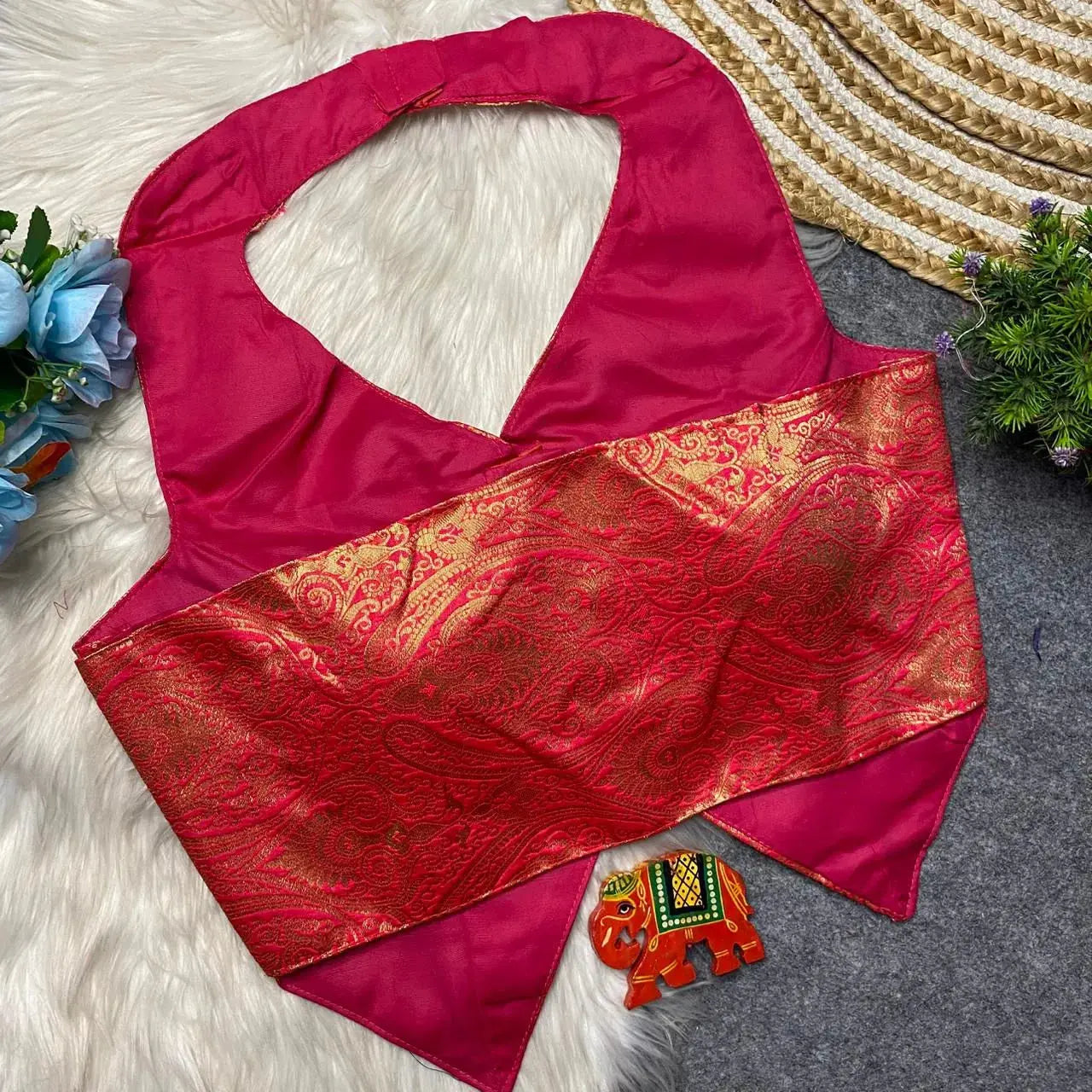 banarasi heavy fabric halter neck blouse with front open and handmade details rpd fashion
