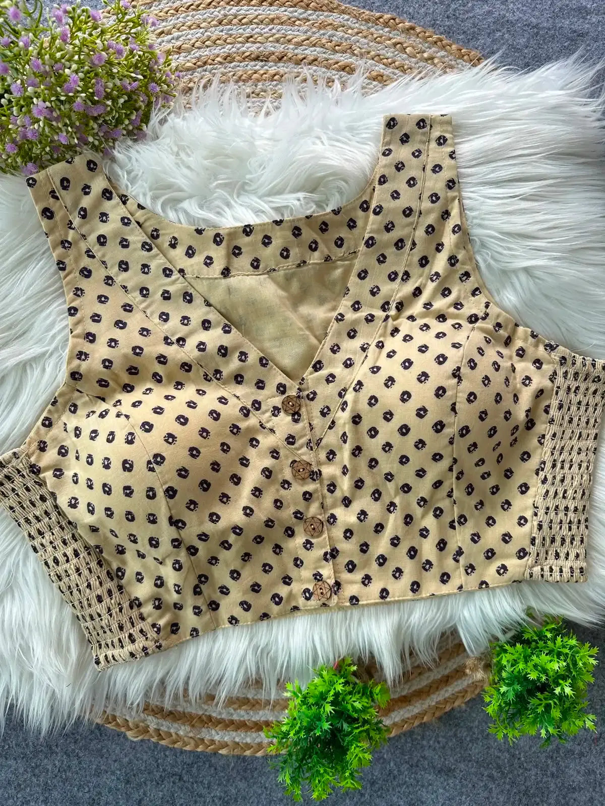 cotton blouse in pure ajrakh cotton with bandhani print | traditional printed blouse for women