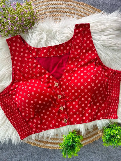 Cotton Blouse in Pure Ajrakh Cotton with Bandhani Print | Traditional Printed Blouse for Women