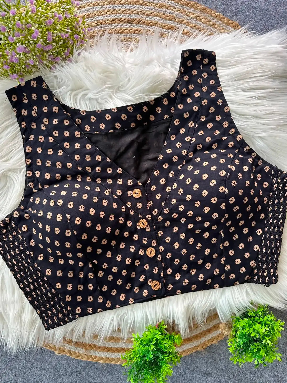 cotton blouse in pure ajrakh cotton with bandhani print | traditional printed blouse for women