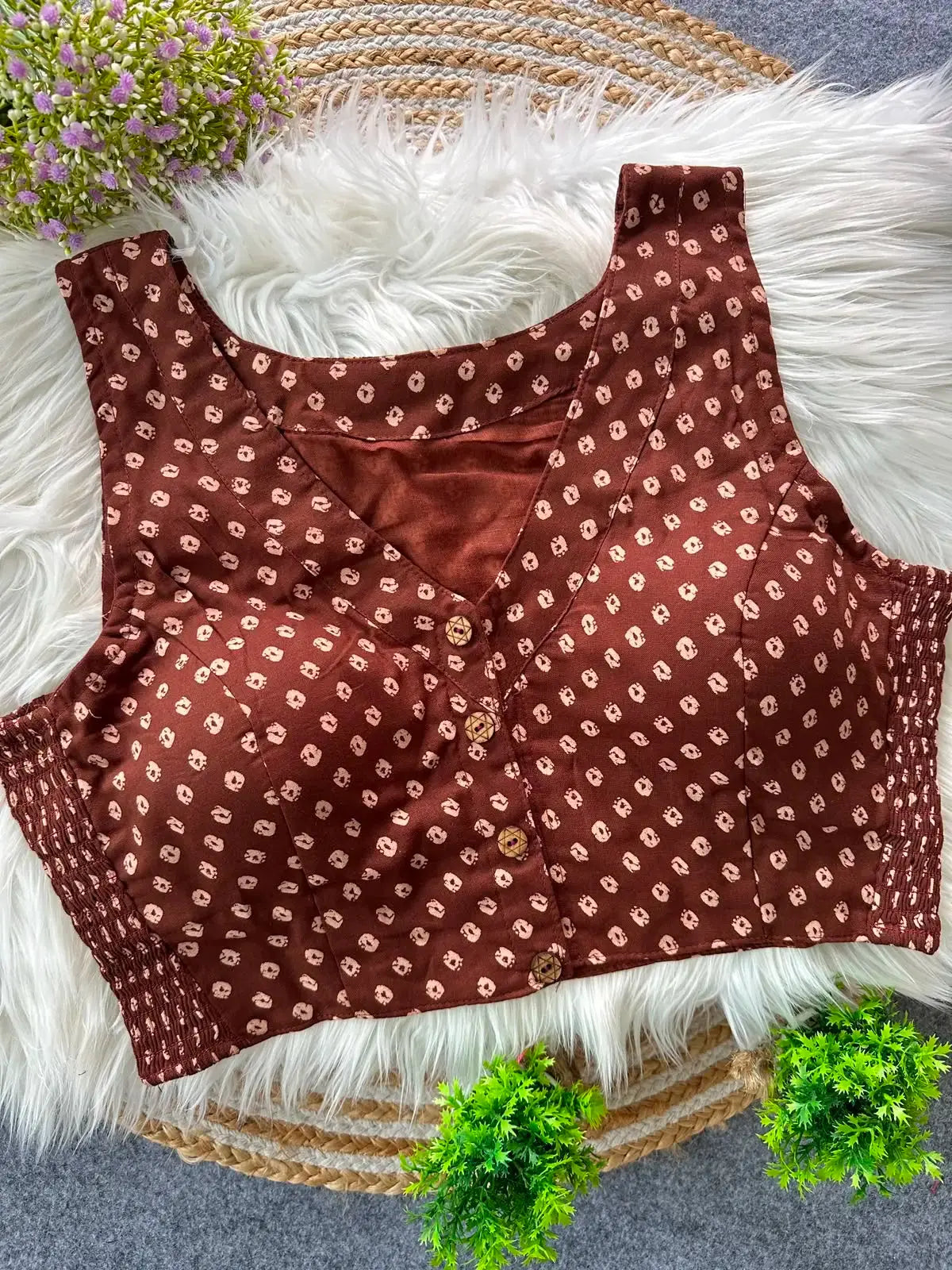 cotton blouse in pure ajrakh cotton with bandhani print | traditional printed blouse for women