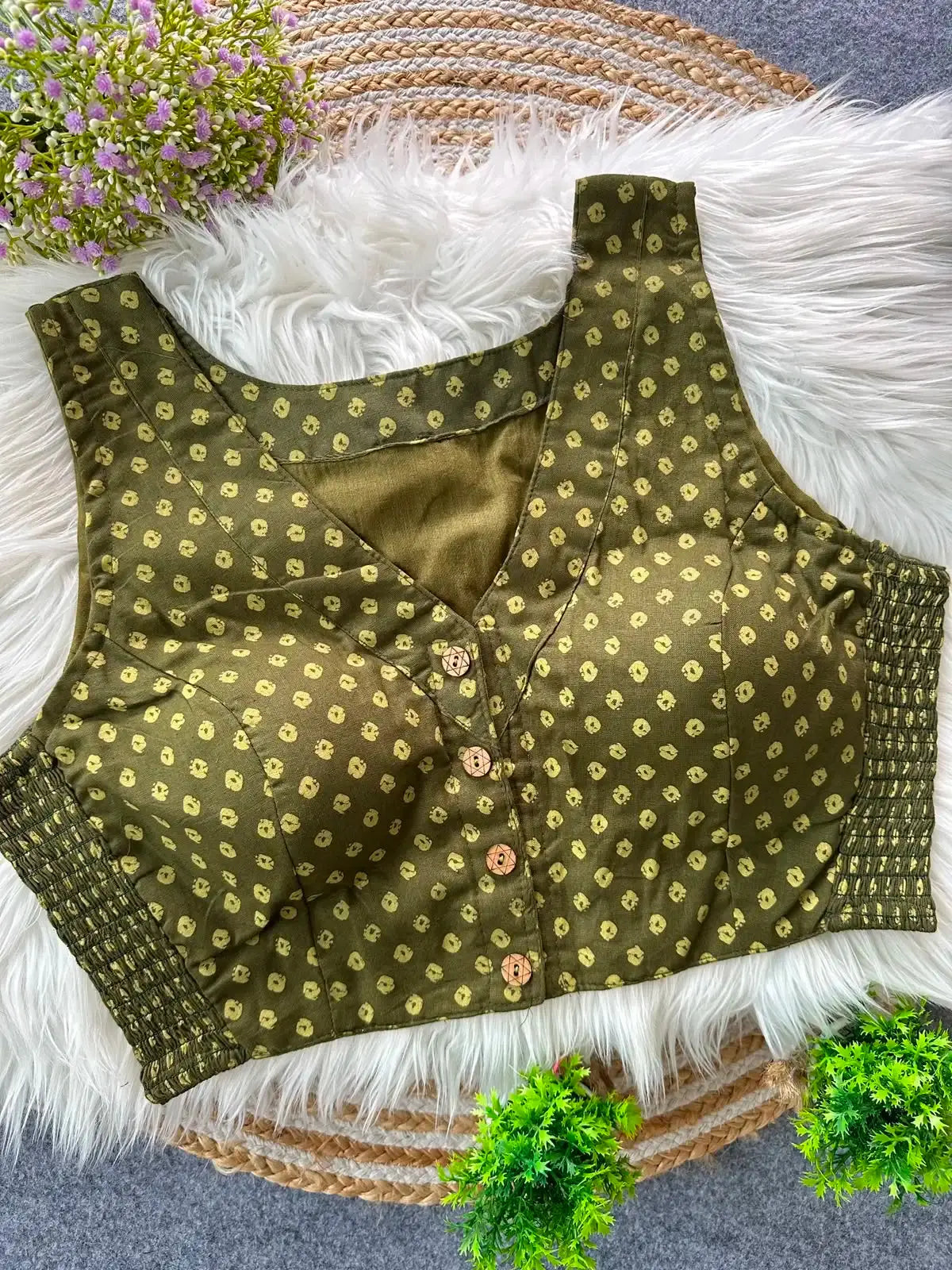 cotton blouse in pure ajrakh cotton with bandhani print | traditional printed blouse for women