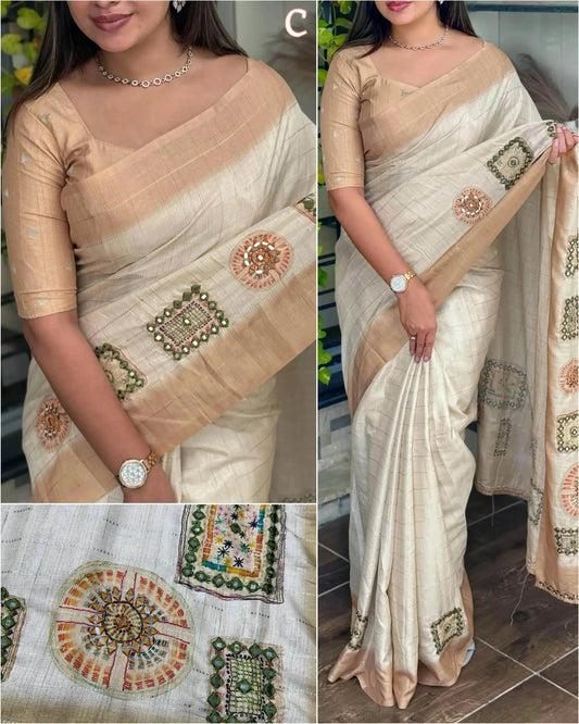 Batik Printed Hand Mirror Work Pure Tusser Cotton Saree with Blouse - RPD Fashion