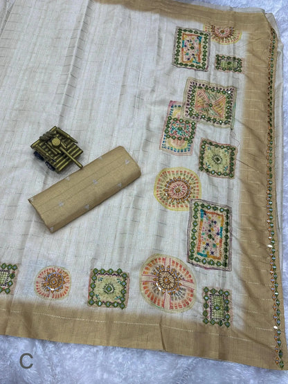 Batik Printed Hand Mirror Work Pure Tusser Cotton Saree with Blouse - RPD Fashion