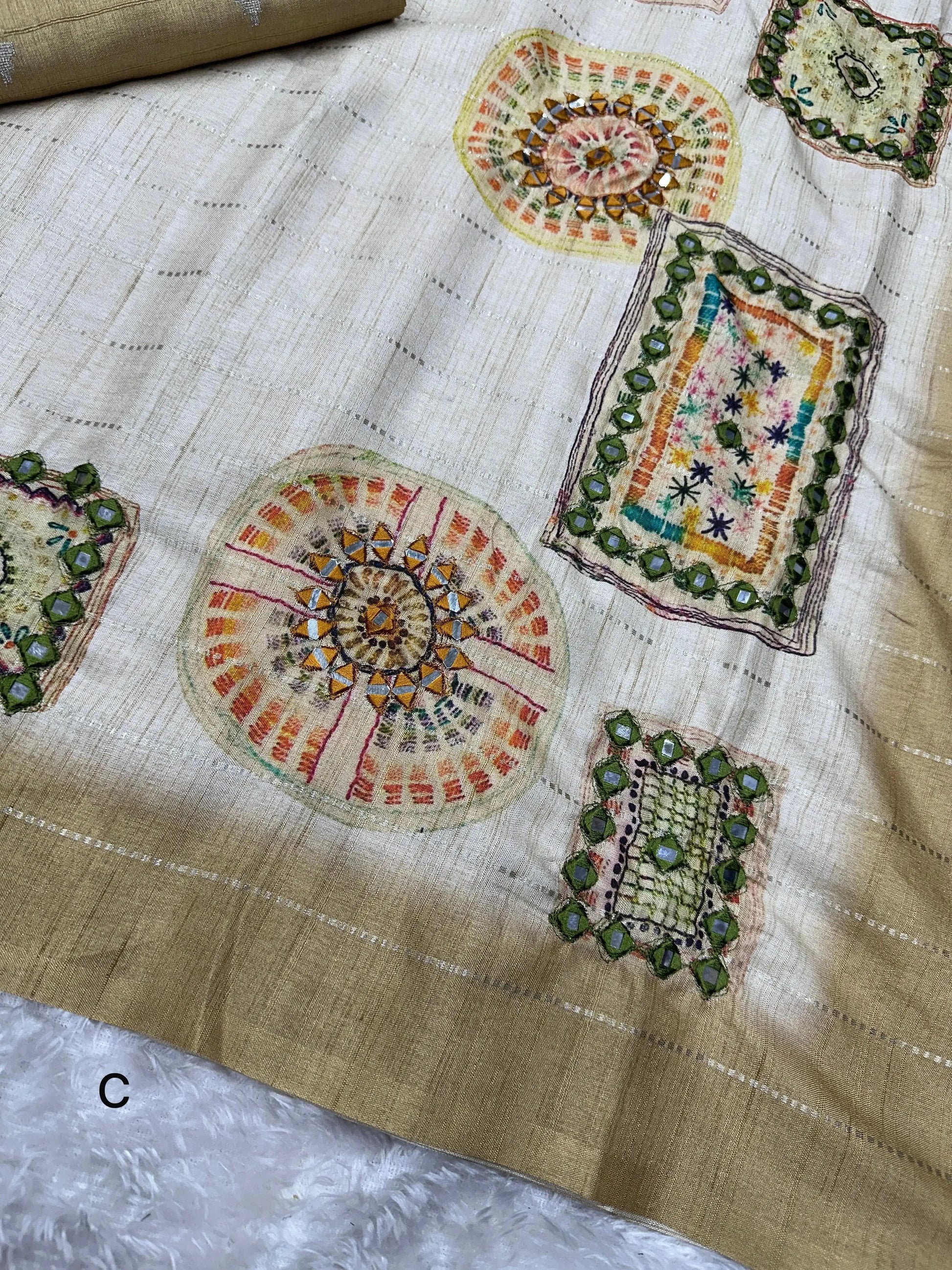 Batik Printed Hand Mirror Work Pure Tusser Cotton Saree with Blouse - RPD Fashion