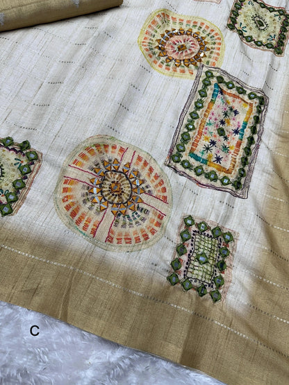 Batik Printed Hand Mirror Work Pure Tusser Cotton Saree with Blouse - RPD Fashion