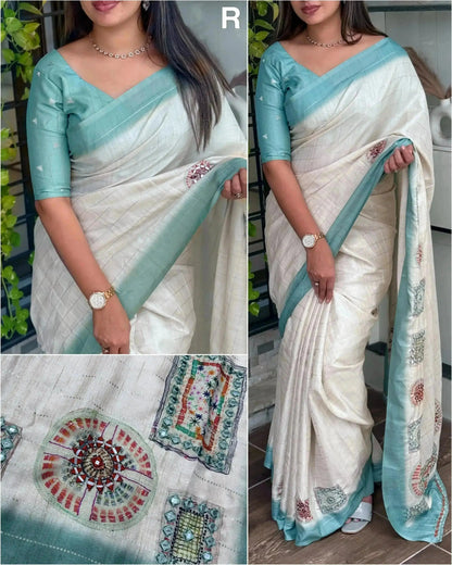 Batik Printed Hand Mirror Work Pure Tusser Cotton Saree with Blouse - RPD Fashion
