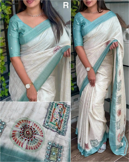 Batik Printed Hand Mirror Work Pure Tusser Cotton Saree with Blouse - RPD Fashion