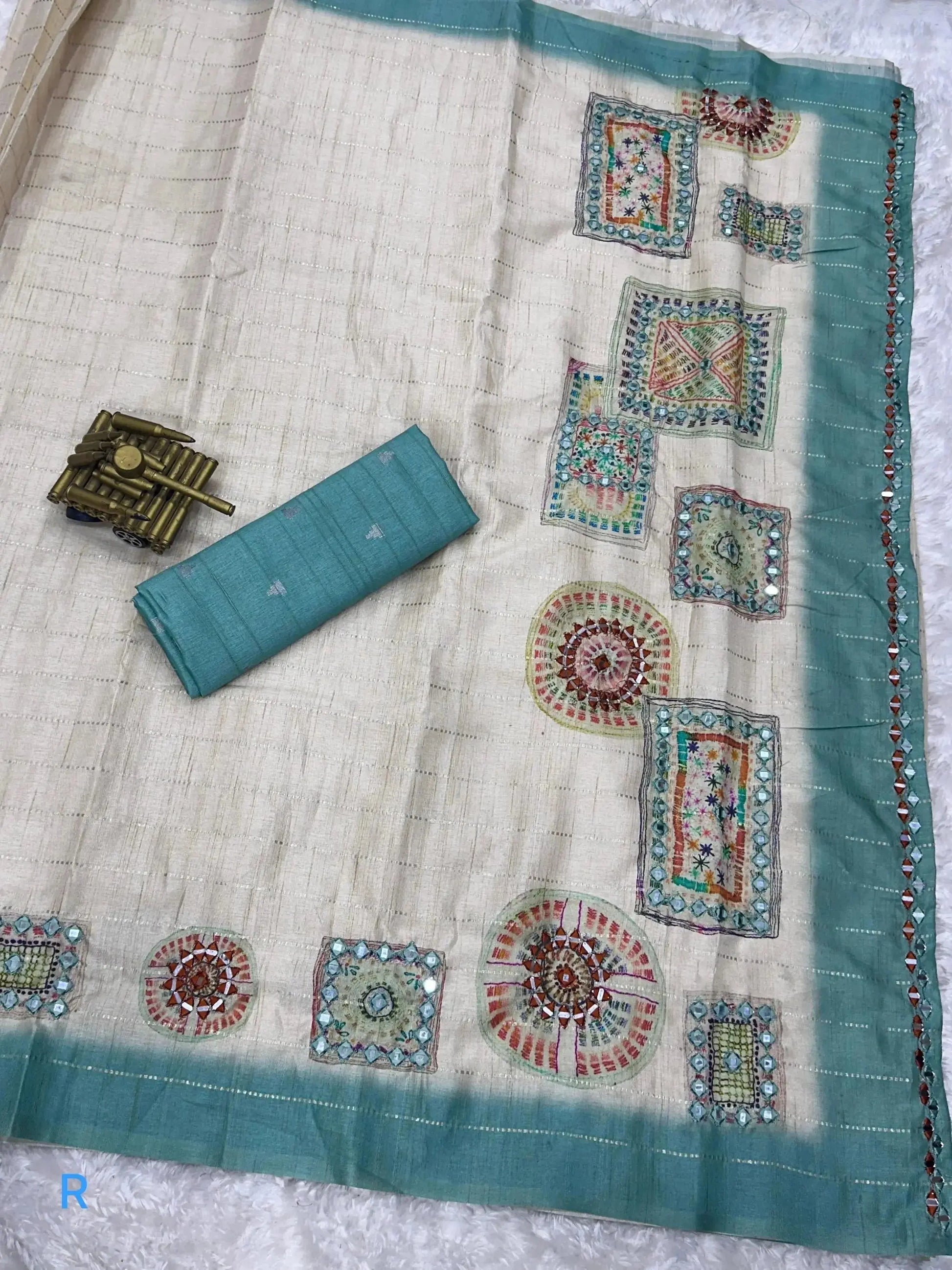 Batik Printed Hand Mirror Work Pure Tusser Cotton Saree with Blouse - RPD Fashion