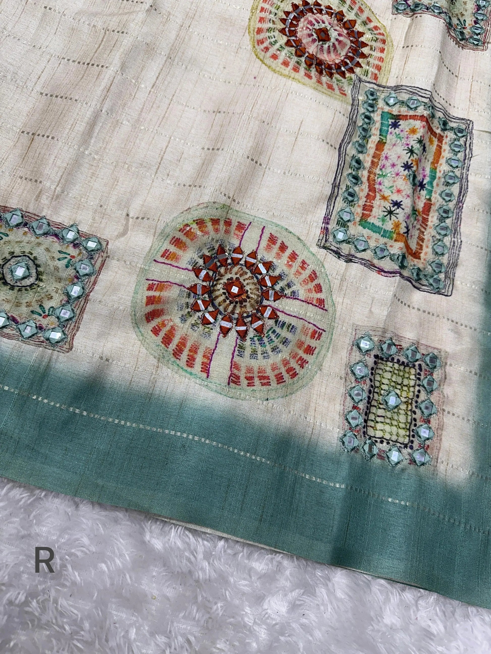 Batik Printed Hand Mirror Work Pure Tusser Cotton Saree with Blouse - RPD Fashion