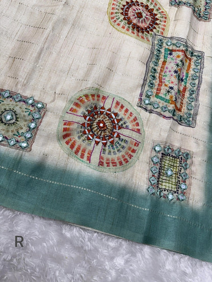 Batik Printed Hand Mirror Work Pure Tusser Cotton Saree with Blouse - RPD Fashion