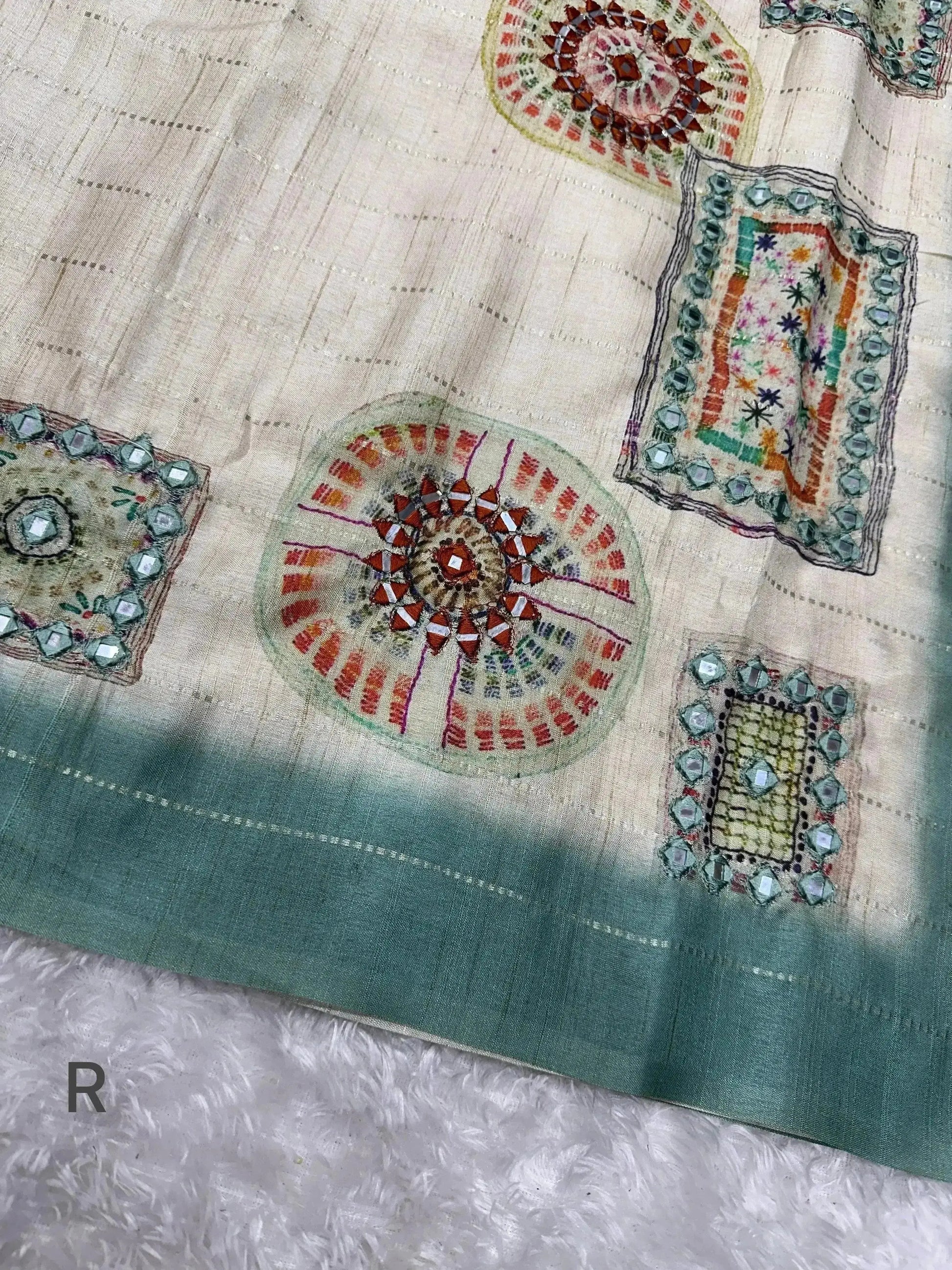 Batik Printed Hand Mirror Work Pure Tusser Cotton Saree with Blouse - RPD Fashion