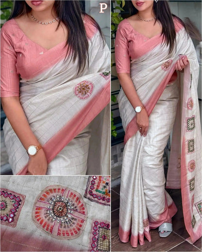 Batik Printed Hand Mirror Work Pure Tusser Cotton Saree with Blouse - RPD Fashion