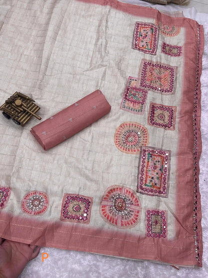 Batik Printed Hand Mirror Work Pure Tusser Cotton Saree with Blouse - RPD Fashion