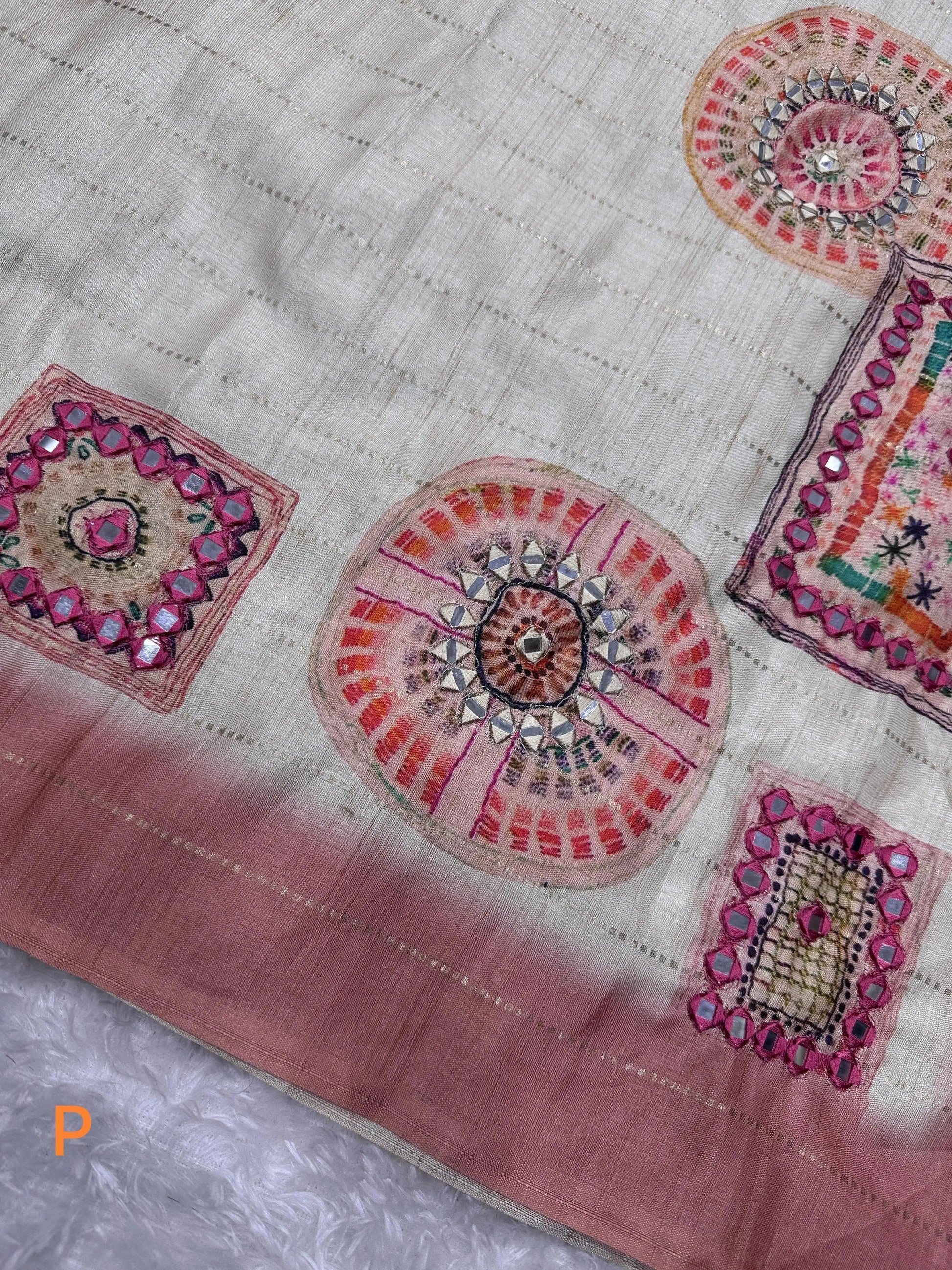 Batik Printed Hand Mirror Work Pure Tusser Cotton Saree with Blouse - RPD Fashion