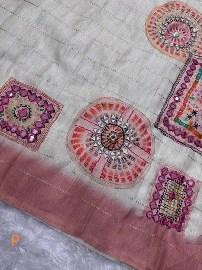 Batik Printed Hand Mirror Work Pure Tusser Cotton Saree with Blouse - RPD Fashion