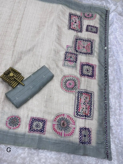 Batik Printed Hand Mirror Work Pure Tusser Cotton Saree with Blouse - RPD Fashion