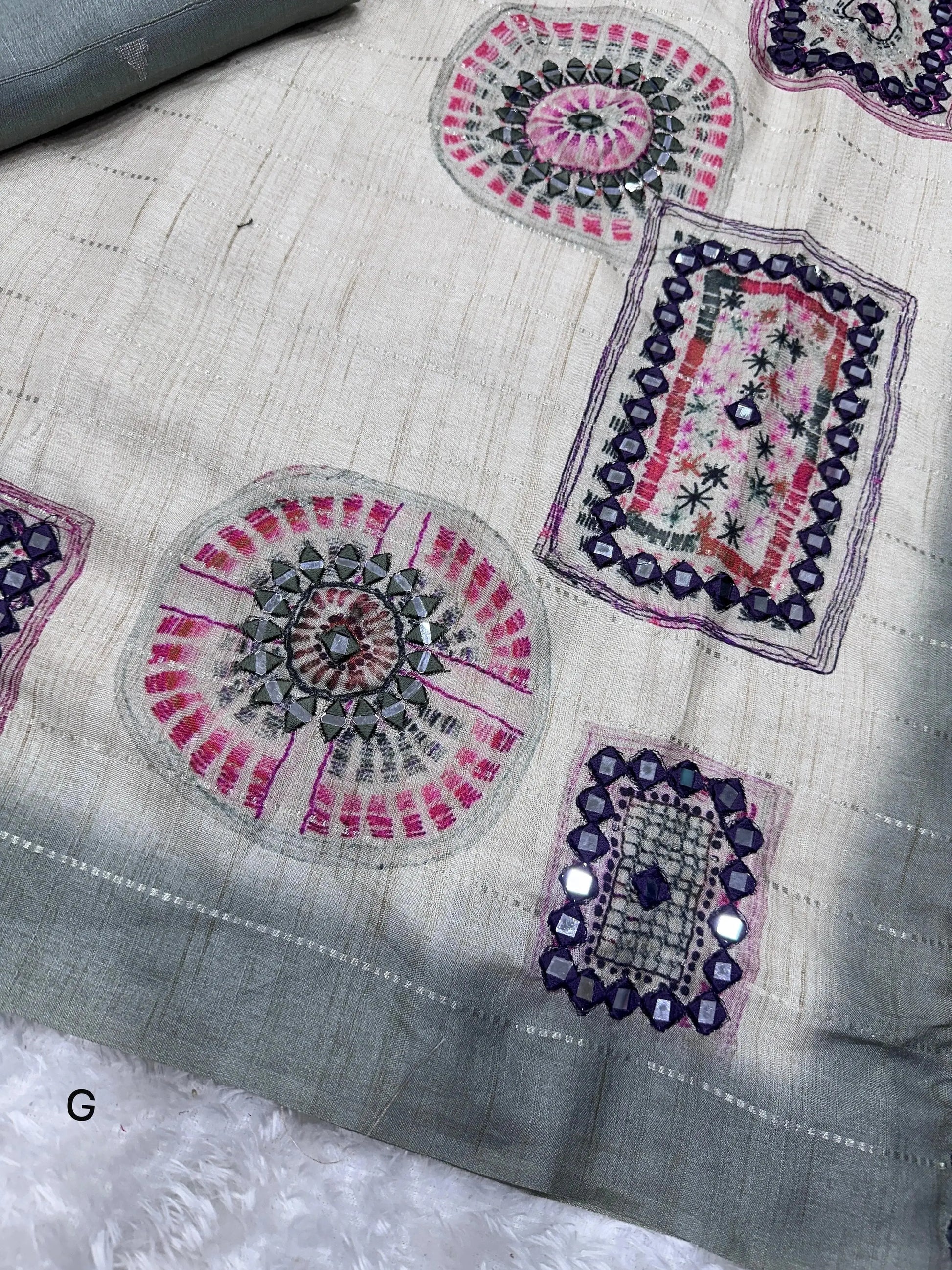 Batik Printed Hand Mirror Work Pure Tusser Cotton Saree with Blouse - RPD Fashion