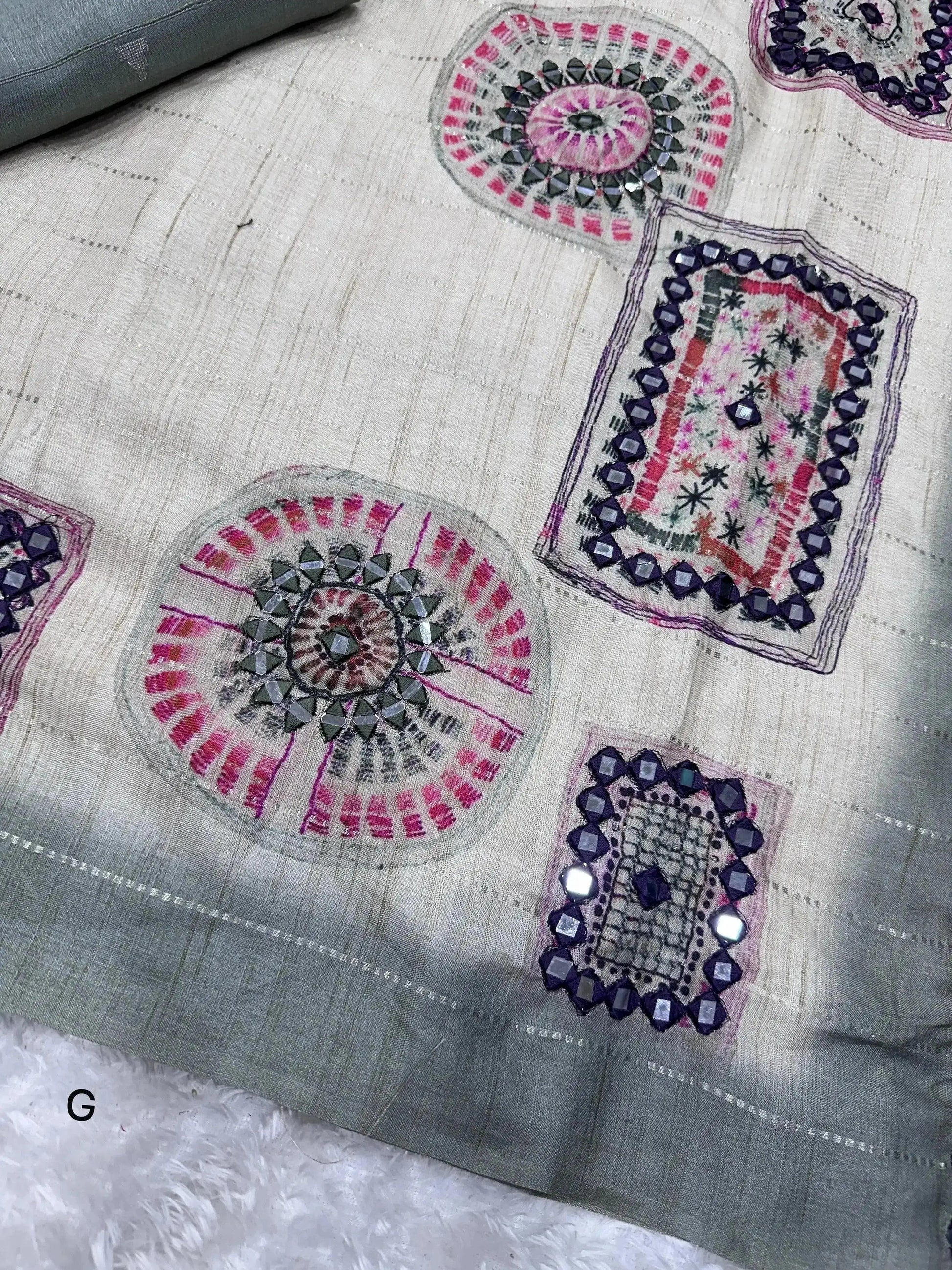 Batik Printed Hand Mirror Work Pure Tusser Cotton Saree with Blouse - RPD Fashion