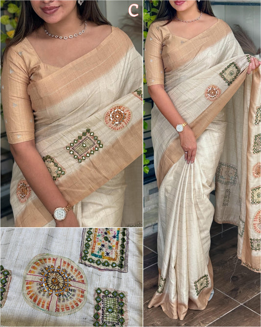 Batik Printed Hand Mirror Work Pure Tusser Cotton Saree with Blouse - Rpd Fashion