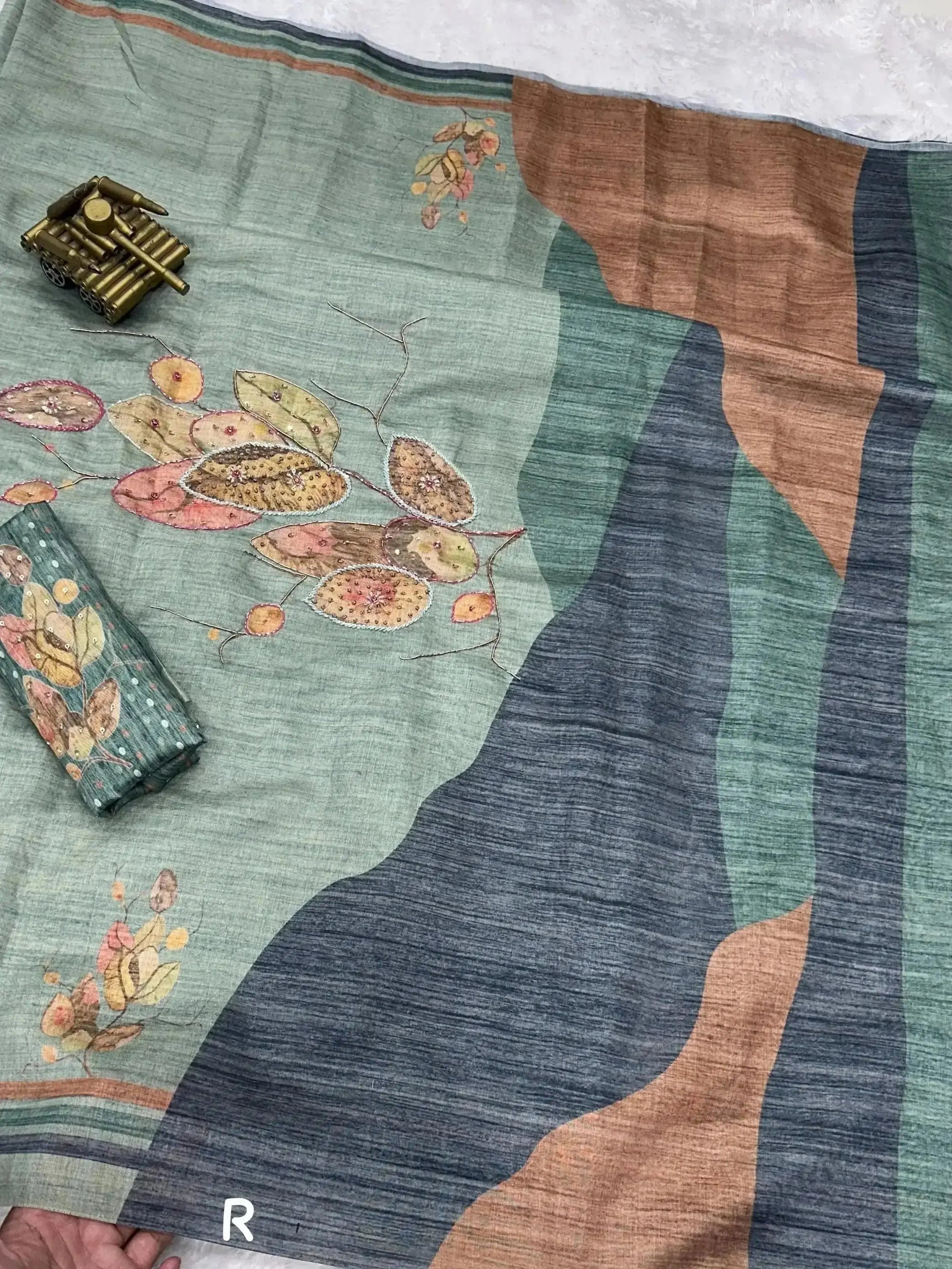Beats Hand Work Digital Printed Pure Tusser Cotton Saree with Blouse - RPD Fashion