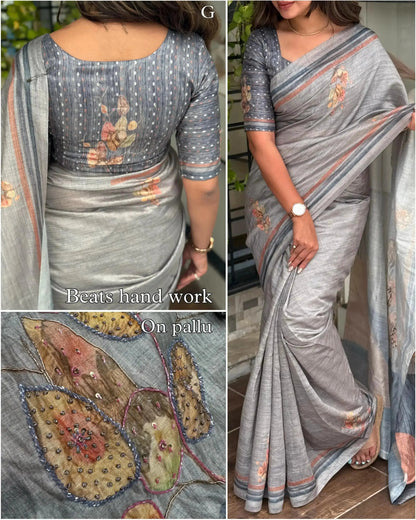 Beats Hand Work Digital Printed Pure Tusser Cotton Saree with Blouse - RPD Fashion