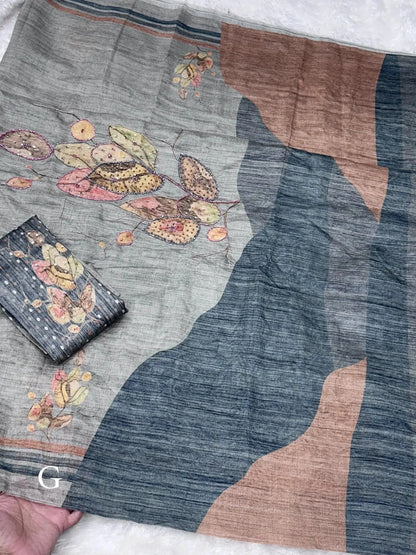 Beats Hand Work Digital Printed Pure Tusser Cotton Saree with Blouse - RPD Fashion