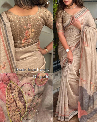 Beats Hand Work Digital Printed Pure Tusser Cotton Saree with Blouse - RPD Fashion