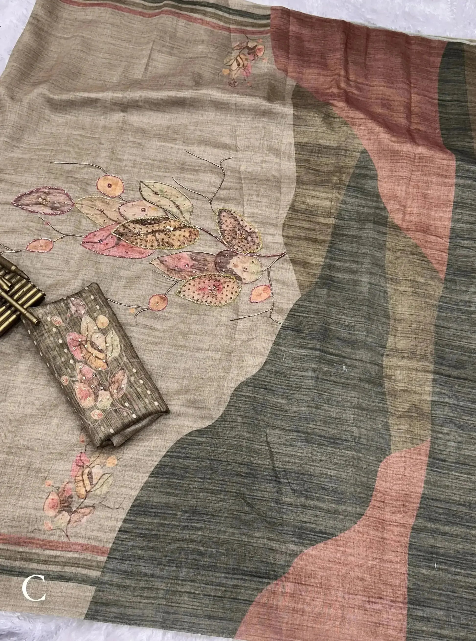 Beats Hand Work Digital Printed Pure Tusser Cotton Saree with Blouse - RPD Fashion