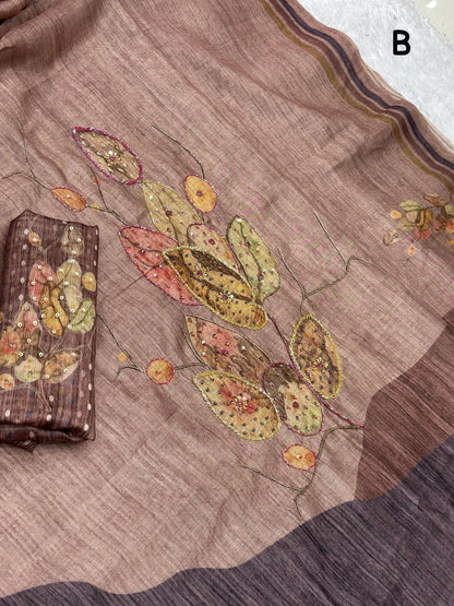 Beats Hand Work Digital Printed Pure Tusser Cotton Saree with Blouse - RPD Fashion