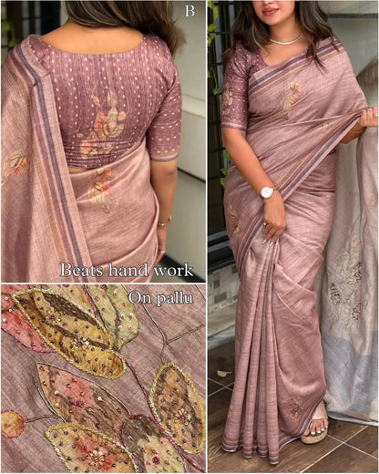Beats Hand Work Digital Printed Pure Tusser Cotton Saree with Blouse - RPD Fashion