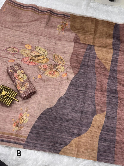 Beats Hand Work Digital Printed Pure Tusser Cotton Saree with Blouse - RPD Fashion