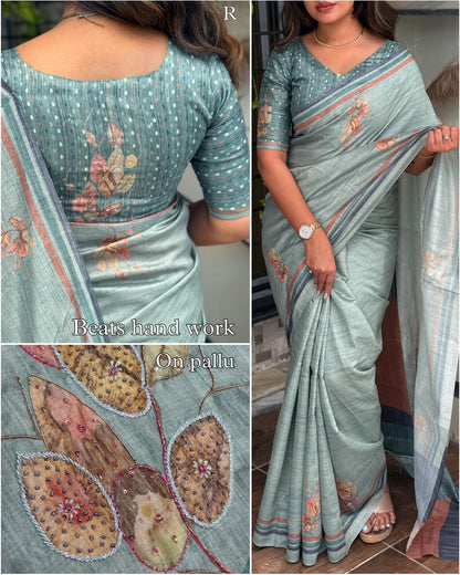 Beats Hand Work Digital Printed Pure Tusser Cotton Saree with Blouse - Rpd Fashion
