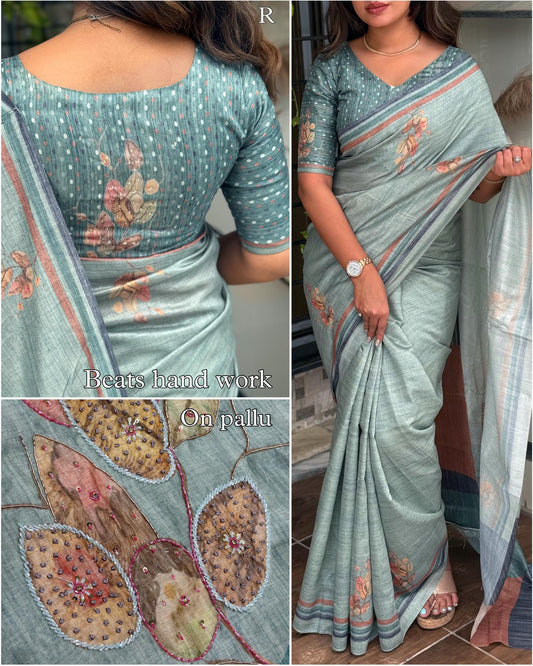 Beats Hand Work Digital Printed Pure Tusser Cotton Saree with Blouse - Rpd Fashion