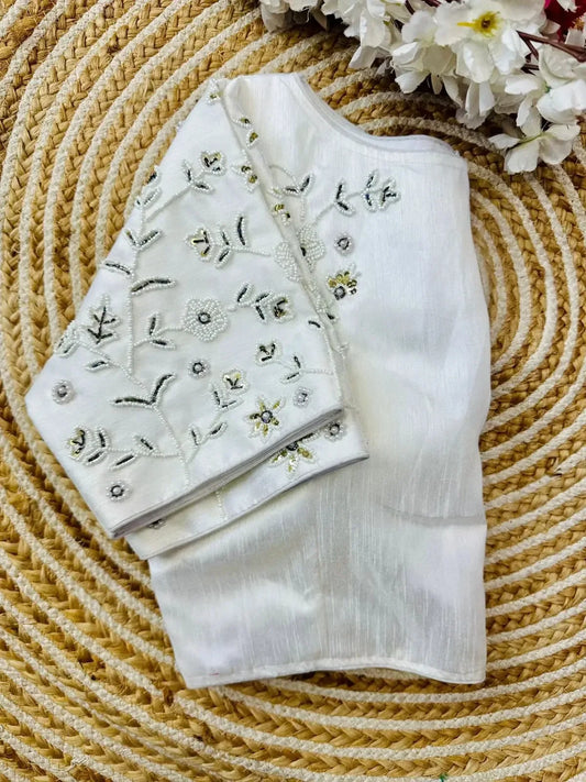 White Simple Hand Work Blouse Designs with Pearl & Thread Floral Pattern - RPD Fashion