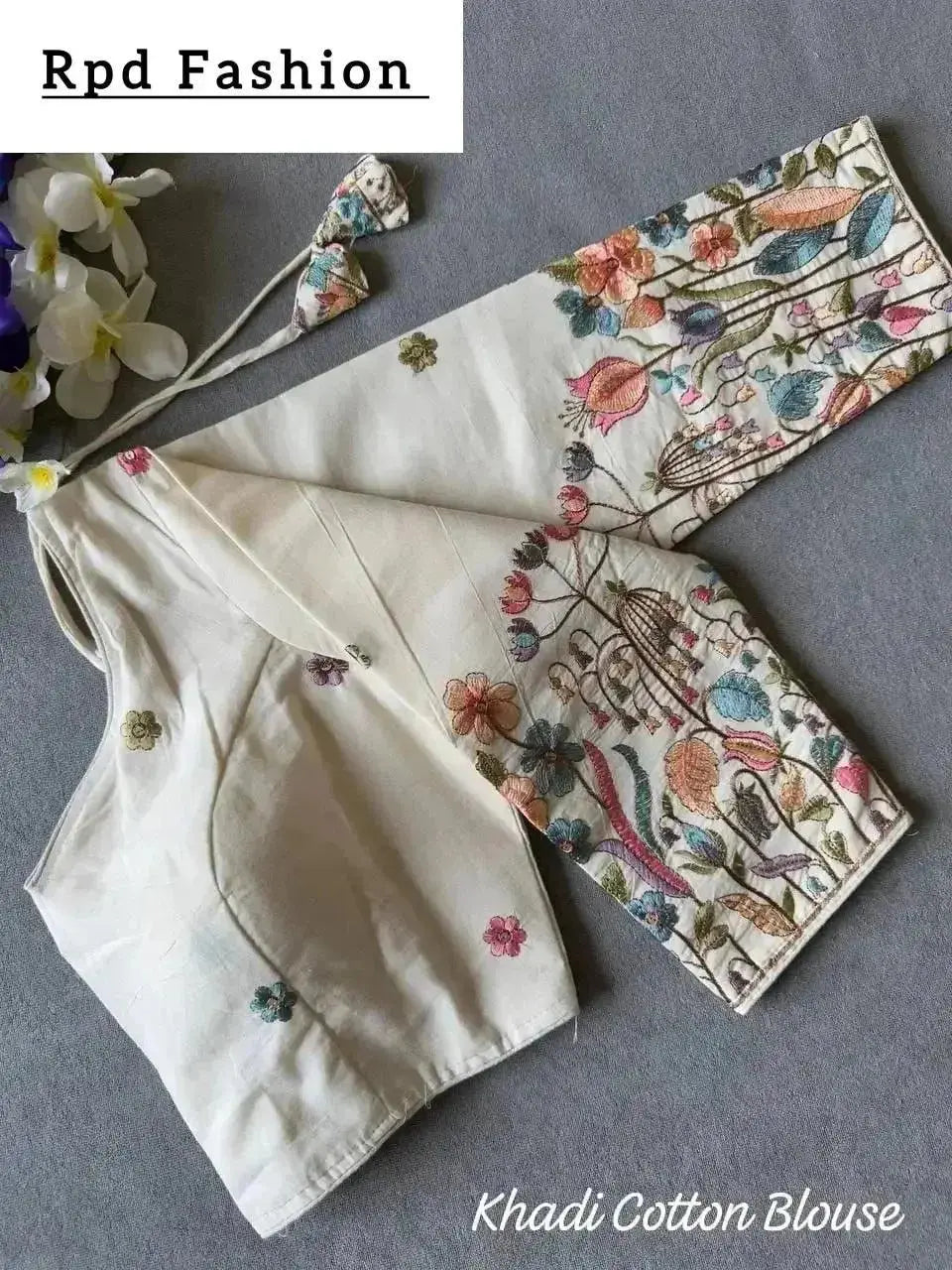 beautiful khadi cotton chain stitch embroidered blouse - rpd fashion