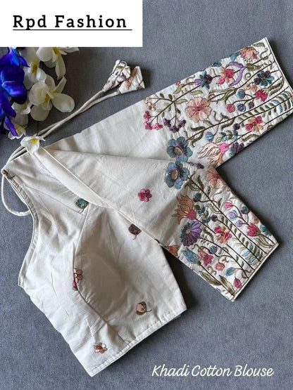Beautiful Khadi Cotton Chain Stitch Embroidered Blouse - RPD Fashion