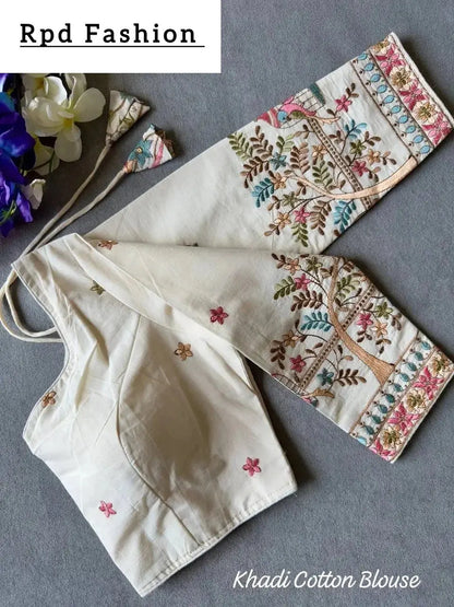 Beautiful Khadi Cotton Chain Stitch Embroidered Blouse - RPD Fashion