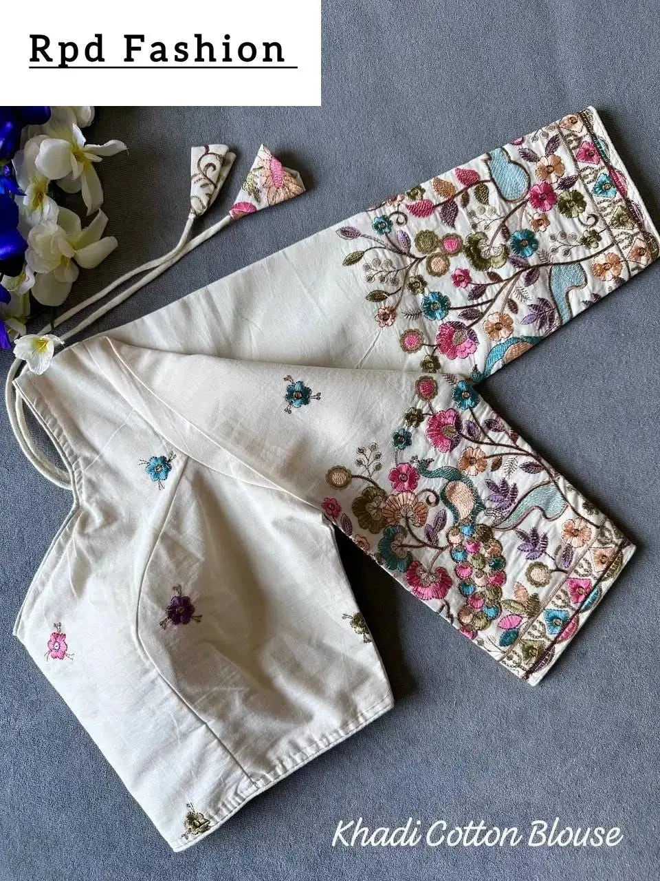 beautiful khadi cotton chain stitch embroidered blouse - rpd fashion