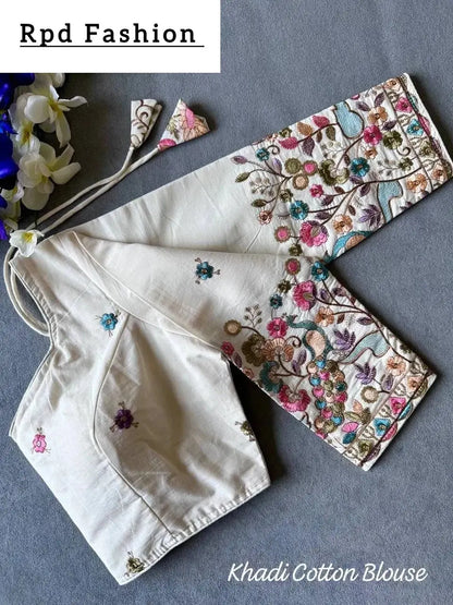 Beautiful Khadi Cotton Chain Stitch Embroidered Blouse - RPD Fashion