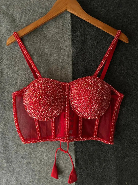 Beautiful Traditional Blouse with Heavy Stitching and Pearl Accents - Padded, Back Open Style - RPD Fashion