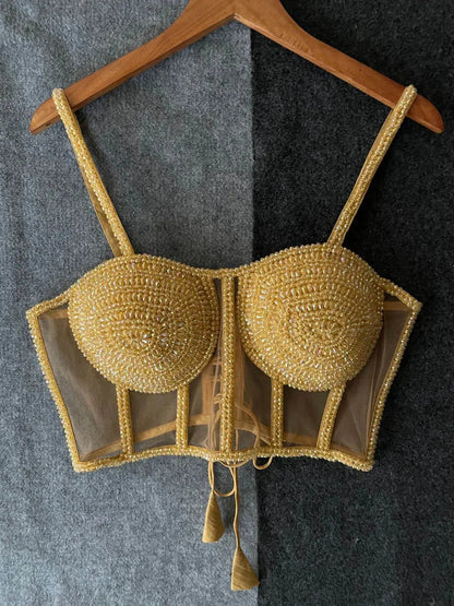 Beautiful Traditional Blouse with Heavy Stitching and Pearl Accents - Padded, Back Open Style - RPD Fashion