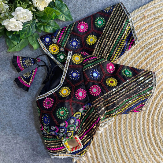 Black Color Navratri Special Real Mirror Work Apple Cut Blouse - RPD Fashion